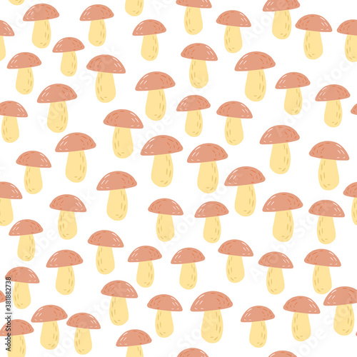 Isolated little mushrooms seamless pattern. Doodle forest elements in orange tones on white background.