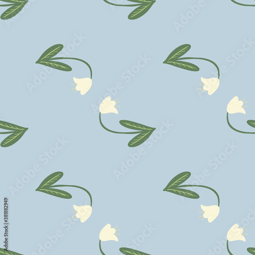 Spring seamless pattern with campanula flower silhouettes. Green stems and white buds on blue background.