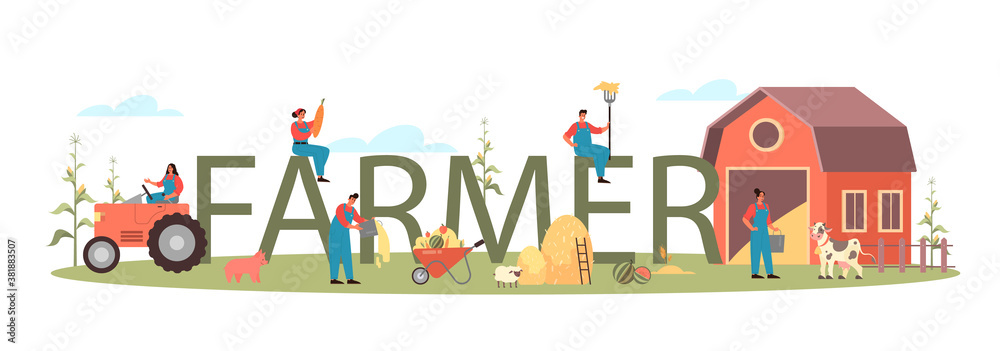 Farmer typographic header. Farm worker on the field, watering plants