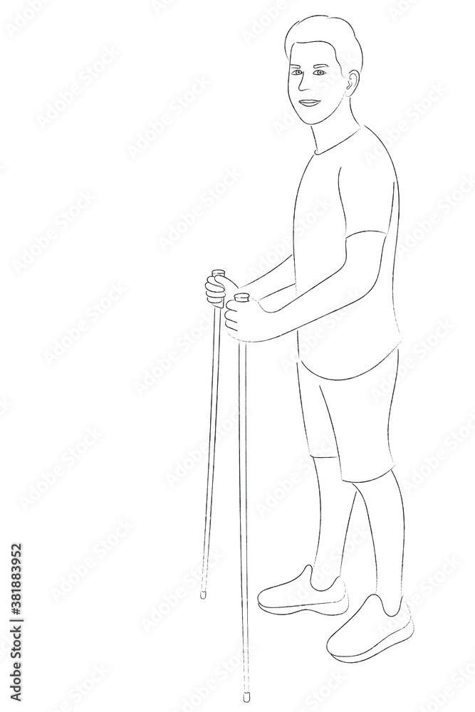 Sketch portrait of a guy in profile with Nordic walking sticks Sketch portrait of a guy in profile with Nordic walking sticks
