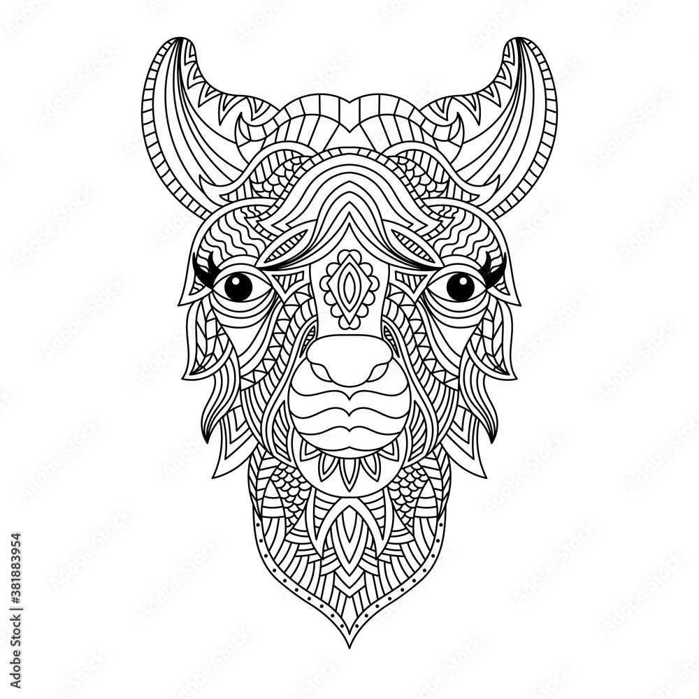 Obraz premium Llama head coloring book illustration. Antistress coloring for adults. black and white lines. Print for t-shirts and coloring books.
