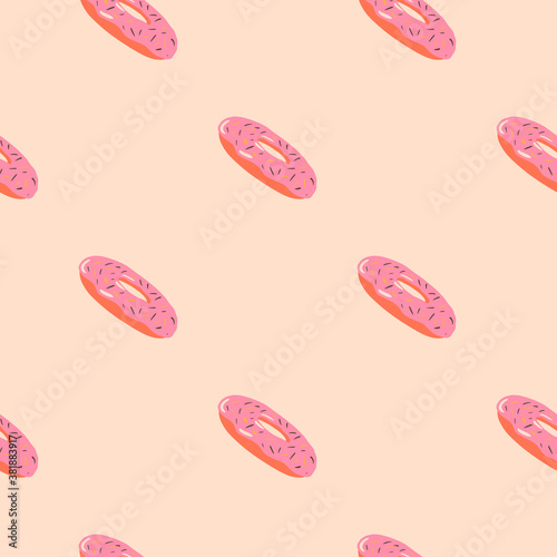 Minimalistic seamless food pattern with donuts silhouettes. Pink diagonal sweet elements on light background.