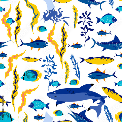 Underwater Creature and Marine Life with Fish and Sea Weeds Seamless Vector Pattern
