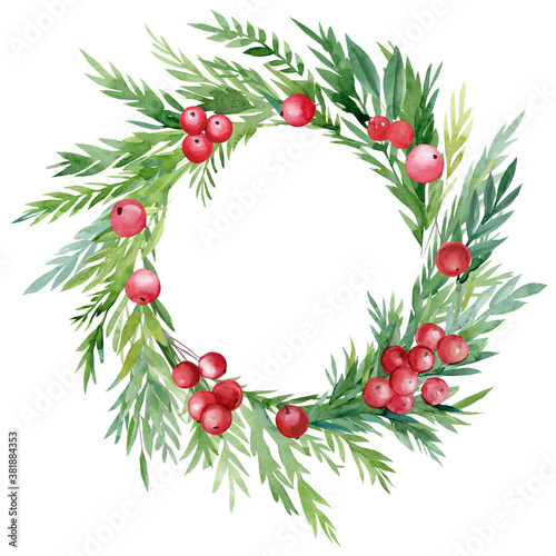 Christmas wreath made of leaves, red berries, holly on an isolated white background, watercolor drawing