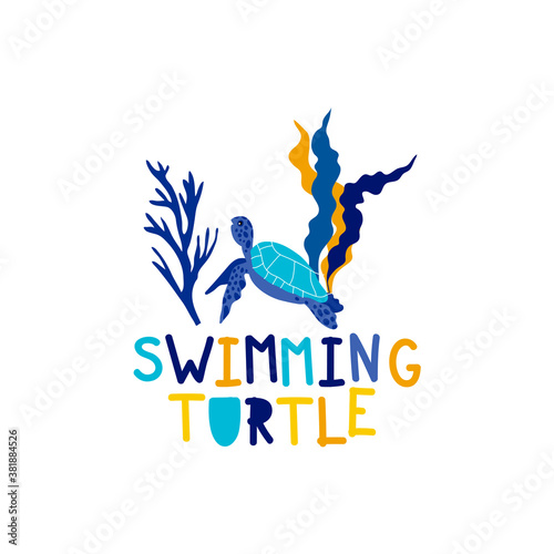 Shelled Turtle and Lettering as Kids Fabric Print Vector Illustration