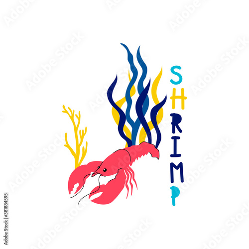Shrimp with Claws and Lettering as Kids Fabric Print Vector Illustration