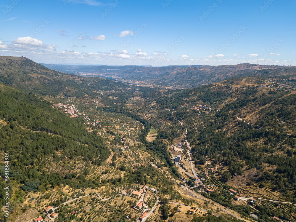 Aerial view to the Azares valley on mountain landscape on Serra da Estrela natural park