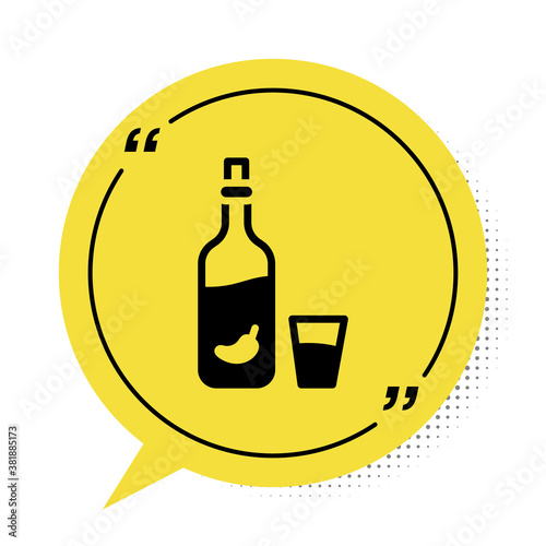 Black Vodka with pepper and glass icon isolated on white background. Ukrainian national alcohol. Yellow speech bubble symbol. Vector.