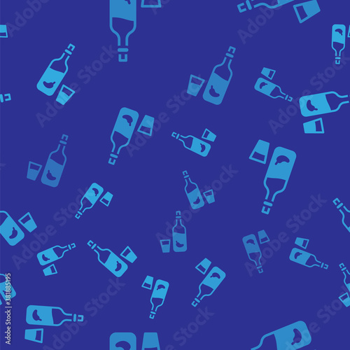 Blue Vodka with pepper and glass icon isolated seamless pattern on blue background. Ukrainian national alcohol. Vector.