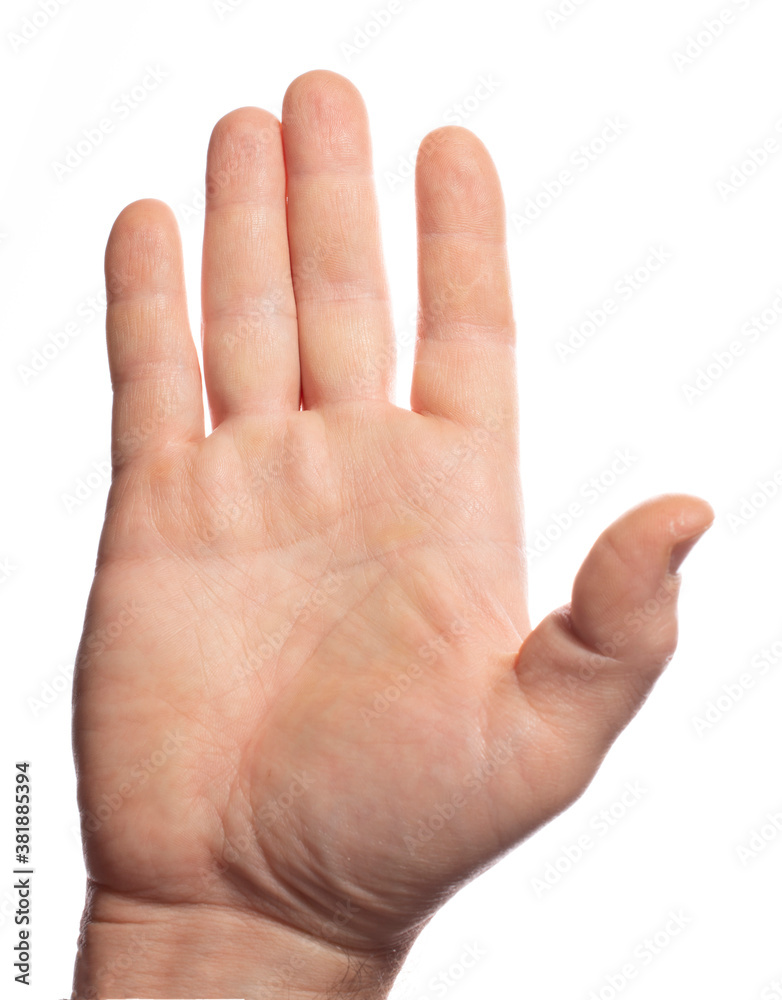 close-up of a man's hand raised up with an open palm on a white background, close-up of a man's hand raised up with an open palm on a white background,