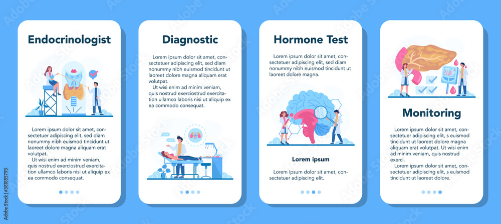 Naklejka premium Endocrinologist mobile application banner set. Thyroid examination