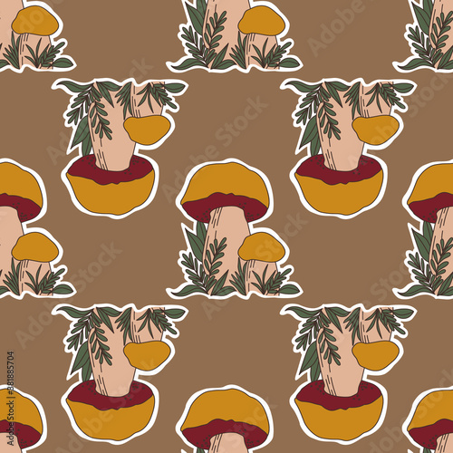 Edible forest mushrooms. Seamless pattern with mushrooms top and bottom on a brown background. Mushrooms with foliage and grass. Excellent quality image, vector.