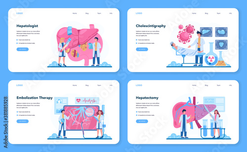 Hepatologist concept set. Doctor make liver examination, hepatectomy