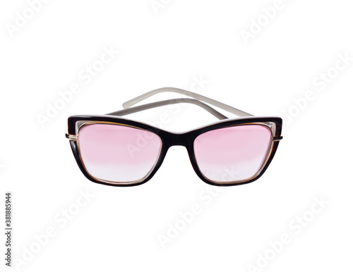 sunglasses with pink lenses isolated on white background, copuy space.