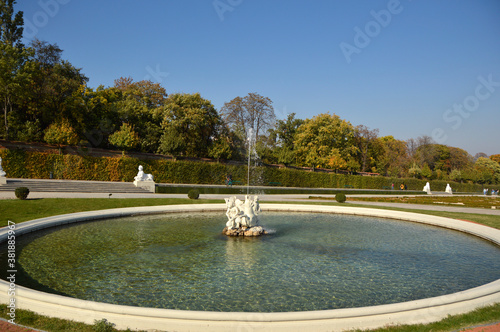 gardens of Belvedere Palace in bright sunny autumn day with water fountains, Vienna Austria