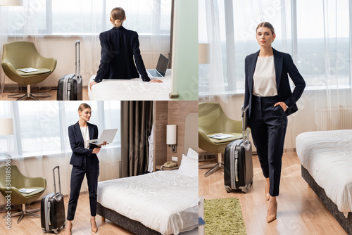 collage of young businesswoman standing with hand in pocket and using laptop near travel bag in hotel room
