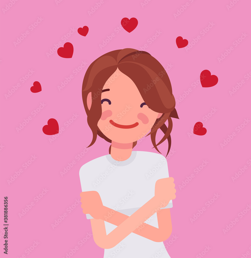 Love yourself, woman in peace, comfort with herself. Young girl in positive thinking, feeling healthy, active person stops negative self talk to reduce stress. Vector flat style cartoon illustration Love yourself, woman in peace, comfort with herself. Young girl in positive thinking, feeling healthy, active person stops negative self talk to reduce stress. Vector flat style cartoon illustration