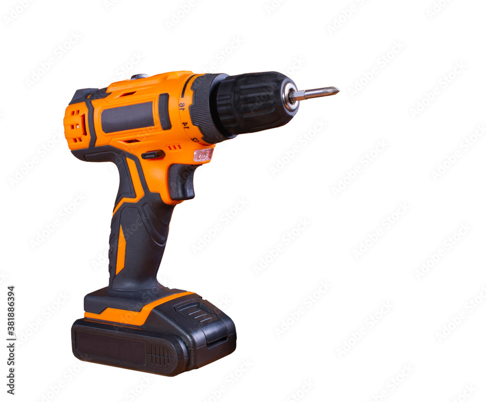 rechargeable electric screwdriver on white background. concept of construction and renovation in apartments rechargeable electric screwdriver on white background. concept of construction and renovation in apartments