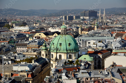 panoramic view of Vienna from the church tower in bright sunny day