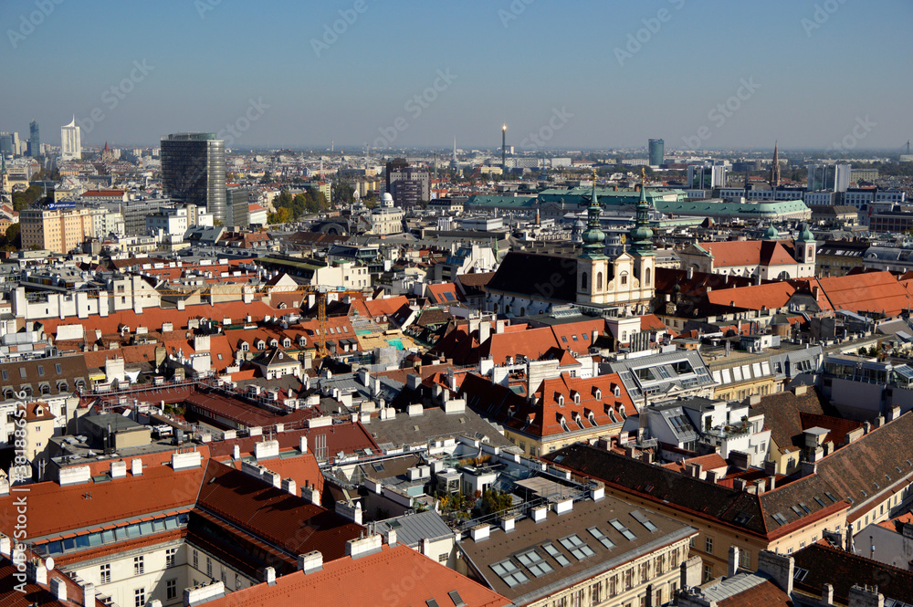 panoramic view of Vienna from the church tower in bright sunny day