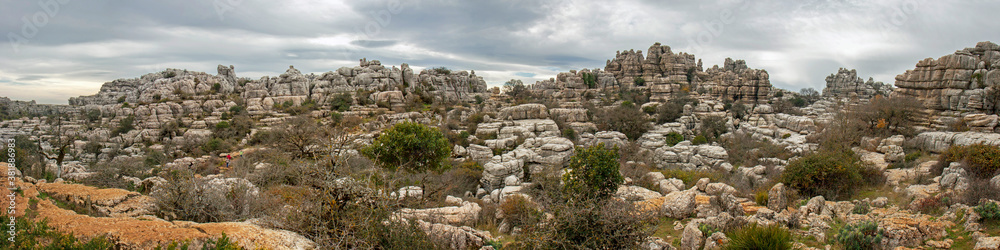 Panorama of the strange grey landforms of El Torcal de Antequera on a grey day in winter, Andalucia, Spain. 