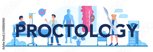 Proctology typographic header. Doctor examine intestine. Idea of health