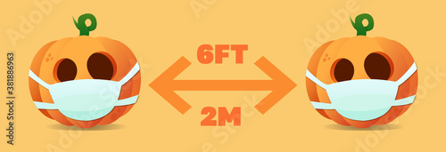 Halloween pumpkin in a medical mask. Keeping social distance. icon for keeping distances during Halloween. Halloween 2020. New beautiful pumpkin.