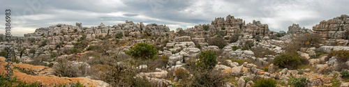 Panorama of the strange grey landforms of El Torcal de Antequera on a grey day in winter, Andalucia, Spain. 