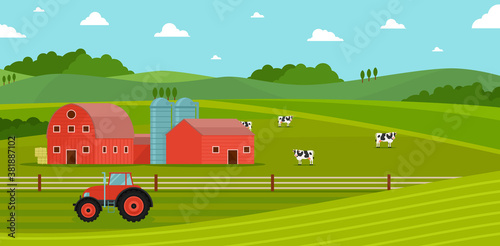 Farming with barn house and dairy farm animals. Vector illustration.Agriculture and Farming. Agribusiness. Rural landscape