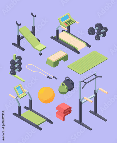 Fitness equipment isometric large set. Dumbbells with removable weights lounger lifting bar swedish wall with crossbar handles chinups modern treadmill monitor aerobics ball. Vector isometric.