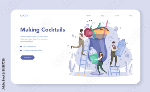 Barman preparing alcoholic drinks with shaker at bar web banner