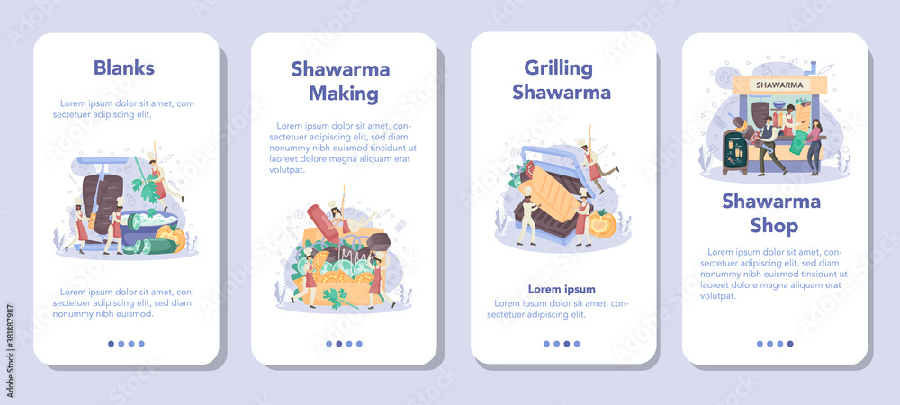 Shawarma street food mobile application banner set. Chef cooking