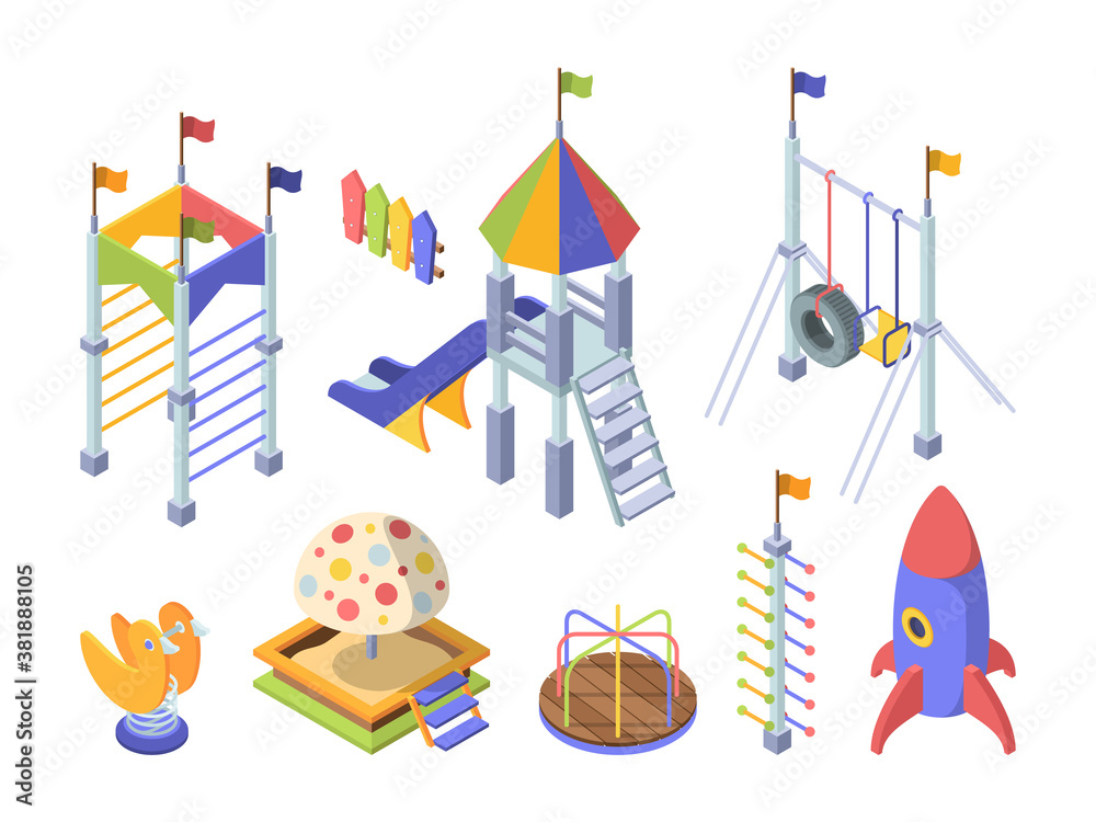 Rides playground color isometric set. Toy rocket obstacle course for kids slippers with wooden steps rainbow roof large sandbox with plastic cartoon mushroom mechanical carousel. Vector isometry. Rides playground color isometric set. Toy rocket obstacle course for kids slippers with wooden steps rainbow roof large sandbox with plastic cartoon mushroom mechanical carousel. Vector isometry.