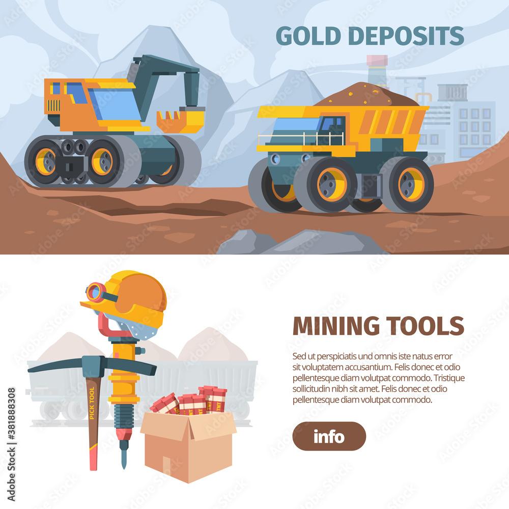 Mine development and equipment horizontal banner. Industrial quarrying with excavators and trucks drilling designing holes engineering explosives special mining equipment. Industrial vector. Mine development and equipment horizontal banner. Industrial quarrying with excavators and trucks drilling designing holes engineering explosives special mining equipment. Industrial vector.