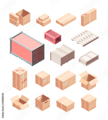 Containers and boxes isometric set. Cardboard and wooden boxes packaging transport delivery industrial large containers for sea rail equipment for private commercial industries. Isometric vector.