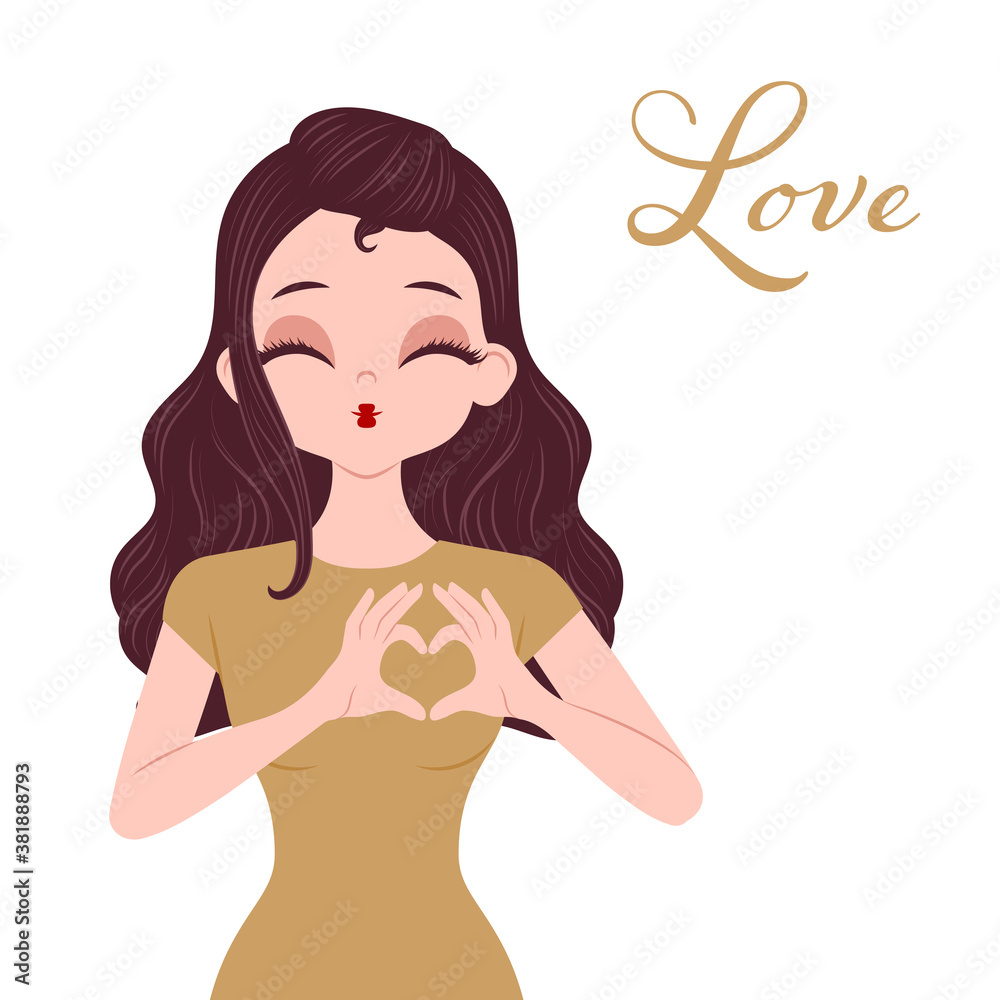 Young woman character isolated on white background making a heart gesture Young woman character isolated on white background making a heart gesture