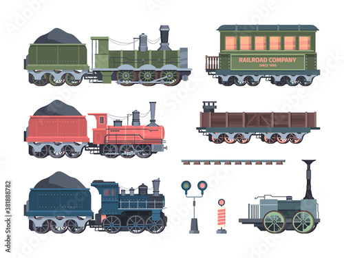 Old steam locomotives set. Comfortable green cars semaphores retro powered trains coal trailers classic rail travel with smoke artistic color designs convenient transportation. Art vector.