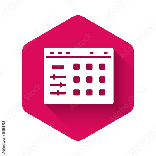 White Drum machine icon isolated with long shadow. Musical equipment. Pink hexagon button. Vector.
