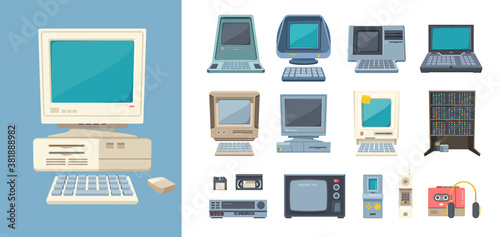 Retro pc and electrical devices set. Gadgets with builtin case loaded from floppy disks tube TV cassette player color music panel old electronic pc various shapes information. Flat electronic vector.