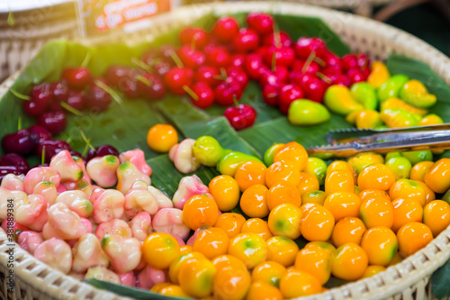 Colorful mixed fruit shape Thai sweet  Thai style dessert Deletable Imitation Fruits from the food market in Thailand