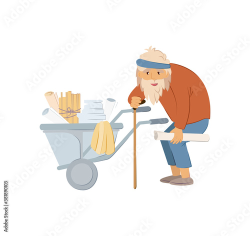 Homeless people concept. Elderly man needing help. Elderly homeless unemployment old man with cane in hand, carry cart filled with papers, collects prepackaged rubbish on street isolated