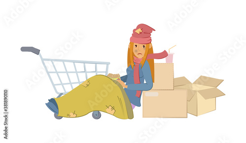 Homeless people concept. Young woman begging money and needing help. Homeless unemployment young tired girl in rags sitting among boxes and rubbish, wrapped in cloth on street isolated
