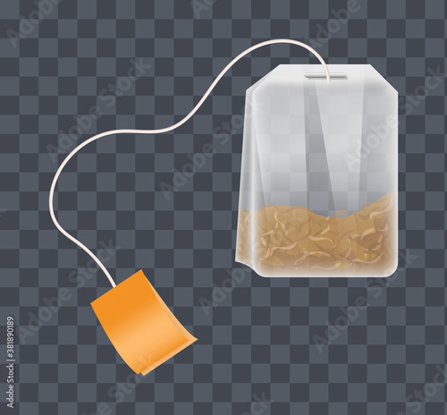 Teabag with orange label on a dark transparent background vector