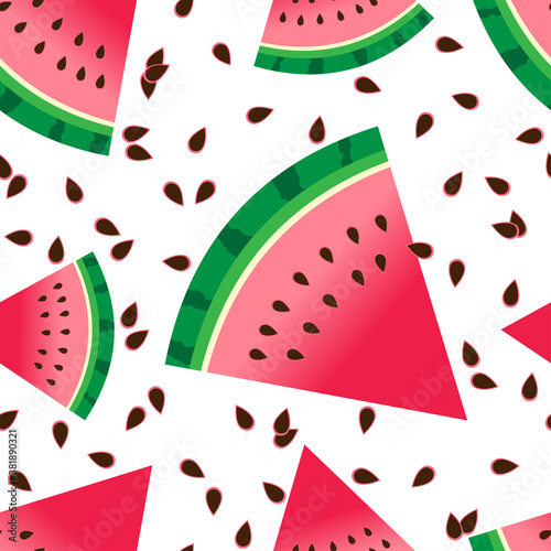 Fresh watermelon slice vector seamless pattern. Watermelon wedge background. Abstract texture  for wrapping, wallpaper, textile,  leaflet. Ripe fruit backdrop.