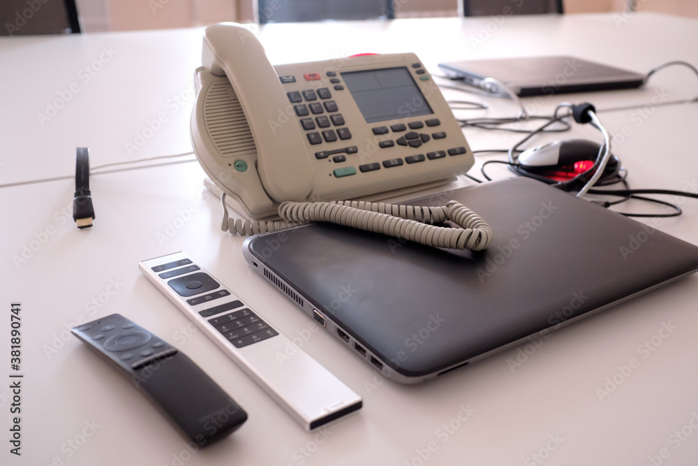 close up soft focus on telephone devices at office desk close up soft focus on telephone devices at office desk