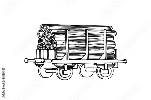 industrial freight railroad wagon for wood & lumber, logistic, railway cargo transportation, vector illustration with black contour lines isolated on a white background in a doodle & hand drawn style