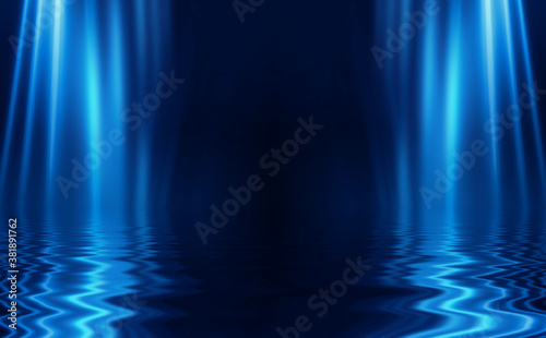 Abstract dark futuristic background. Blue neon light rays reflect off the water. Background of empty stage show, beach party. 3d illustration