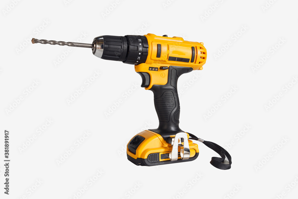 Cordless screwdriver or cordless drill on a white background.,For drilling or tightening work
