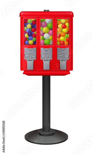 red triple bubble gum ball vending machine with colorful gumballs. 3d realistic vector illustration