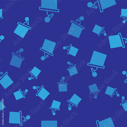 Blue Stage stand or debate podium rostrum icon isolated seamless pattern on blue background. Conference speech tribune. Vector.